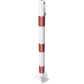 Barrier posts | Steel tube  60 x 2,5 mm | foldable | for padlock | to be fixed by plugswith base plate 100 x 150 mm | hot-dip galvanized and white coatedwith three red reflecting stripes | with 1 eyelet